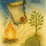 Del silencio impuesto al resurgir: censuras, exilios y el retorno de la sabiduría Acuarela con rueda celeste, texto antiguo quemándose, árbol, y bagua de Feng Shui enlazados por hilo dorado; llama, hoja y humo en las esquinas; emblema de la Biblioteca de Saberes.