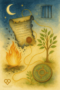 Del silencio impuesto al resurgir: censuras, exilios y el retorno de la sabiduría Acuarela con rueda celeste, texto antiguo quemándose, árbol, y bagua de Feng Shui enlazados por hilo dorado; llama, hoja y humo en las esquinas; emblema de la Biblioteca de Saberes.