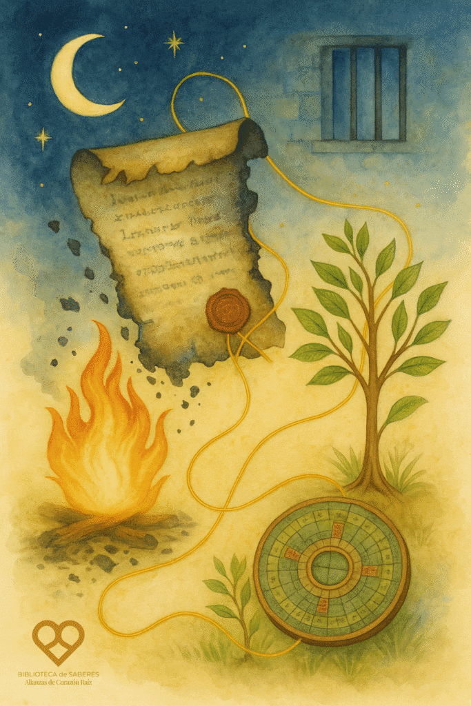 Acuarela con rueda celeste, texto antiguo quemándose, árbol, y bagua de Feng Shui enlazados por hilo dorado; llama, hoja y humo en las esquinas; emblema de la Biblioteca de Saberes.