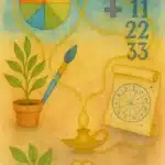 Acuarela vertical con círculo cromático, símbolo de Venus, números 11‑22‑33, pergamino astrológico, planta, pincel y lámpara unidos por un hilo dorado; logotipo de la Biblioteca de Saberes.