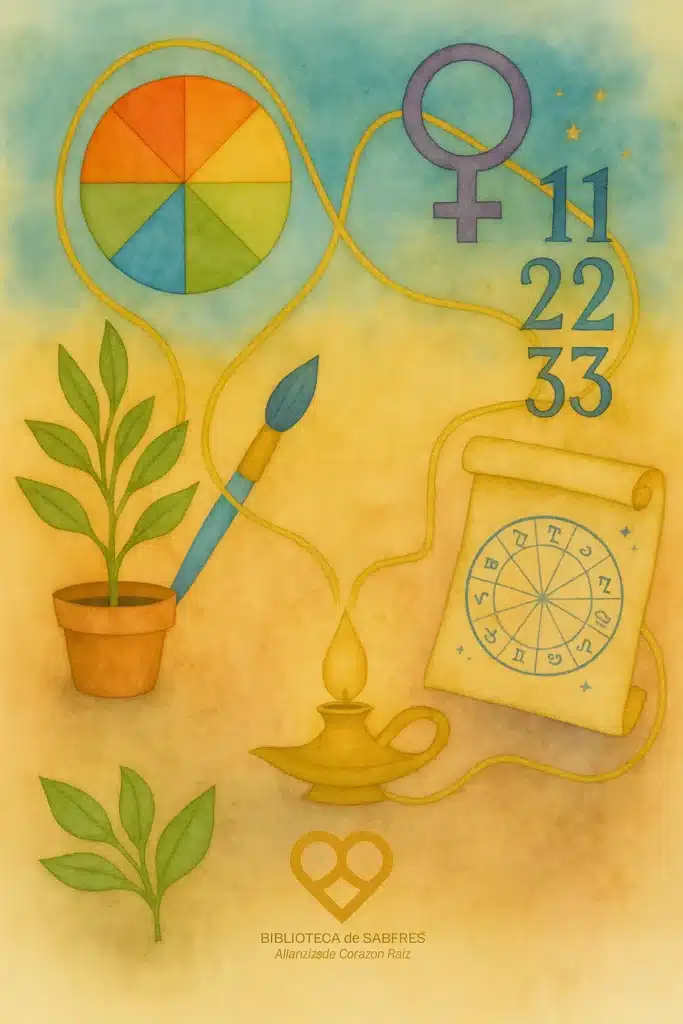Acuarela vertical con círculo cromático, símbolo de Venus, números 11‑22‑33, pergamino astrológico, planta, pincel y lámpara unidos por un hilo dorado; logotipo de la Biblioteca de Saberes.