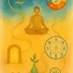 Acuarela vertical con espiral de Qi, figura en respiración, círculo Wu Xing, rueda Nine Star Ki 1‑9, bagua, puerta iluminada, Wu Lou y hoja‑ventilación, unidos por hilo dorado; logo Biblioteca de Saberes.