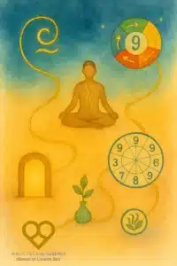 Acuarela vertical con espiral de Qi, figura en respiración, círculo Wu Xing, rueda Nine Star Ki 1‑9, bagua, puerta iluminada, Wu Lou y hoja‑ventilación, unidos por hilo dorado; logo Biblioteca de Saberes.