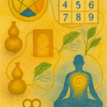 Acuarela con Wu Xing, rueda Nine Star Ki 1‑9, figura en meditación con espiral de Qi, puerta iluminada, Wu Lou y hojas‑ventilación unidos por hilo dorado; emblema de la Biblioteca de Saberes.