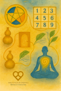 Acuarela con Wu Xing, rueda Nine Star Ki 1‑9, figura en meditación con espiral de Qi, puerta iluminada, Wu Lou y hojas‑ventilación unidos por hilo dorado; emblema de la Biblioteca de Saberes.