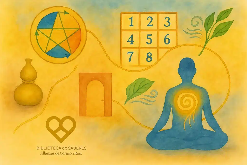 Acuarela con Wu Xing, rueda Nine Star Ki 1‑9, figura en meditación con espiral de Qi, puerta iluminada, Wu Lou y hojas‑ventilación unidos por hilo dorado; emblema de la Biblioteca de Saberes.
