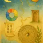 Acuarela vertical con luna, sol, rueda cromática, pergamino, luopan y puerta unidos por hilo dorado; plantas verdes y emblema Biblioteca de Saberes.