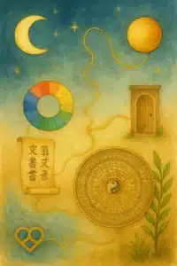 Acuarela vertical con luna, sol, rueda cromática, pergamino, luopan y puerta unidos por hilo dorado; plantas verdes y emblema Biblioteca de Saberes.