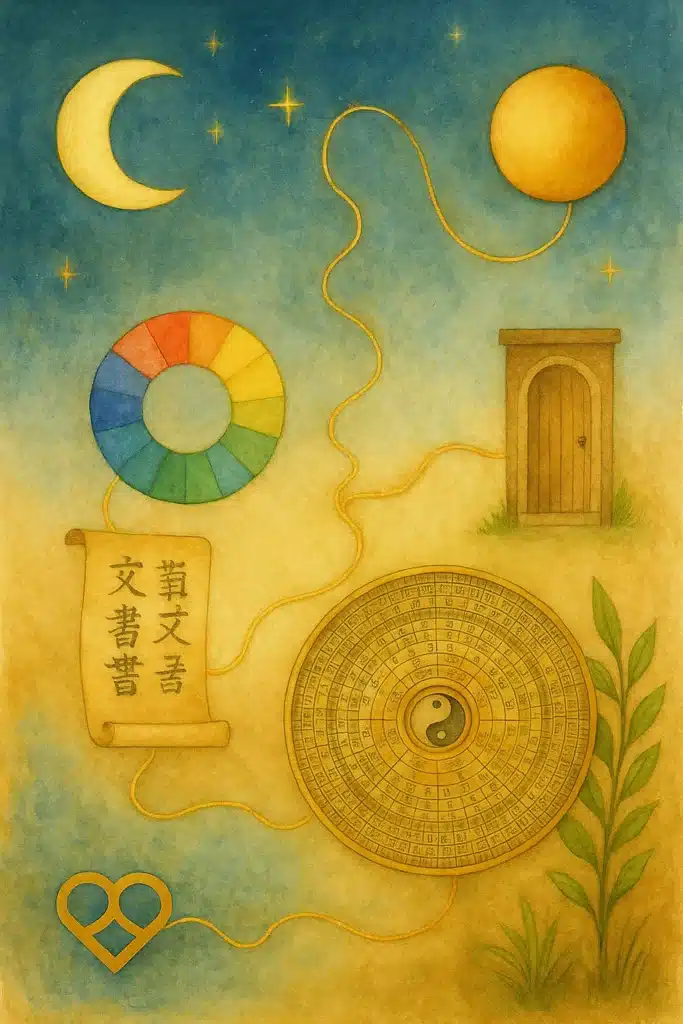 Acuarela vertical con luna, sol, rueda cromática, pergamino, luopan y puerta unidos por hilo dorado; plantas verdes y emblema Biblioteca de Saberes.