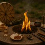 Altar ceremonial con agua, fuego, humo y flores representando la unión de los elementos universales.