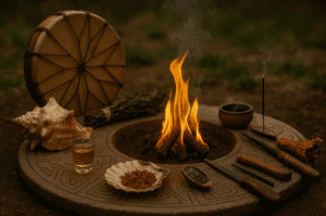 Altar ceremonial con agua, fuego, humo y flores representando la unión de los elementos universales.