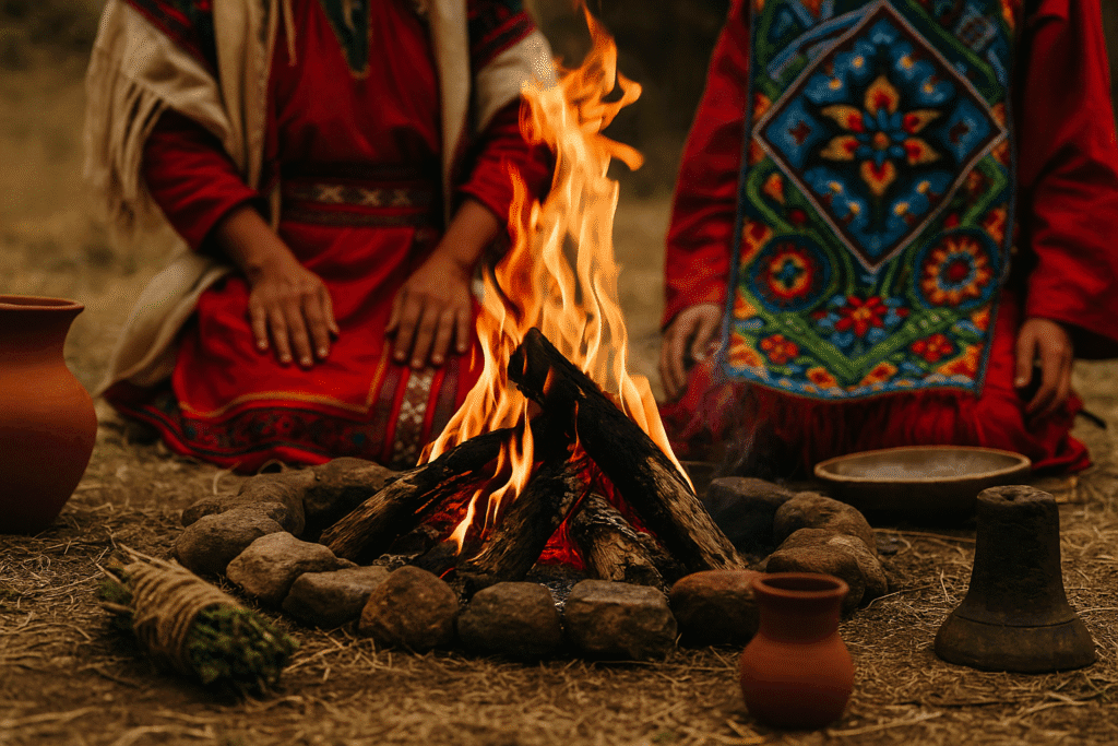 Elementos como Vinculo FUEGO foto Fuego ritual encendido en ceremonia como símbolo de transformación y memoria.