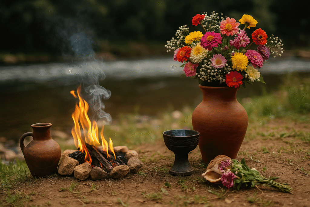 Elementos como Vinculo todos foto Altar con los cuatro elementos en armonía, símbolo de resistencia y memoria espiritual.