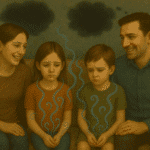 Padres sonriendo mientras sus hijos absorben la energía real de los pensamientos ocultos