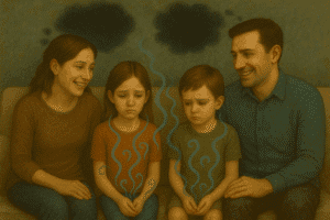 Padres sonriendo mientras sus hijos absorben la energía real de los pensamientos ocultos