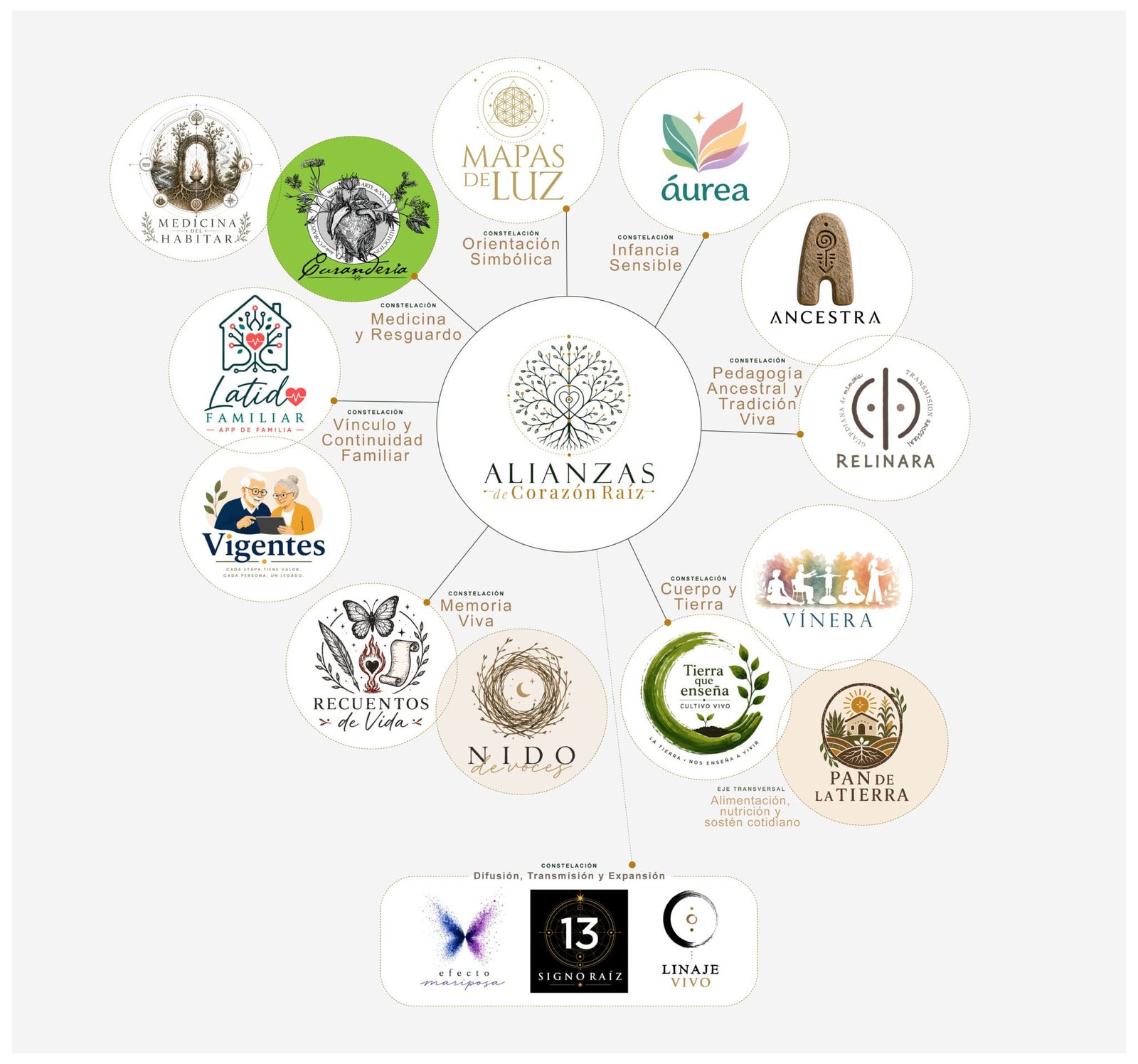 Mapa del ecosistema de Alianzas de Corazón Raíz con el logotipo central y las constelaciones de proyectos